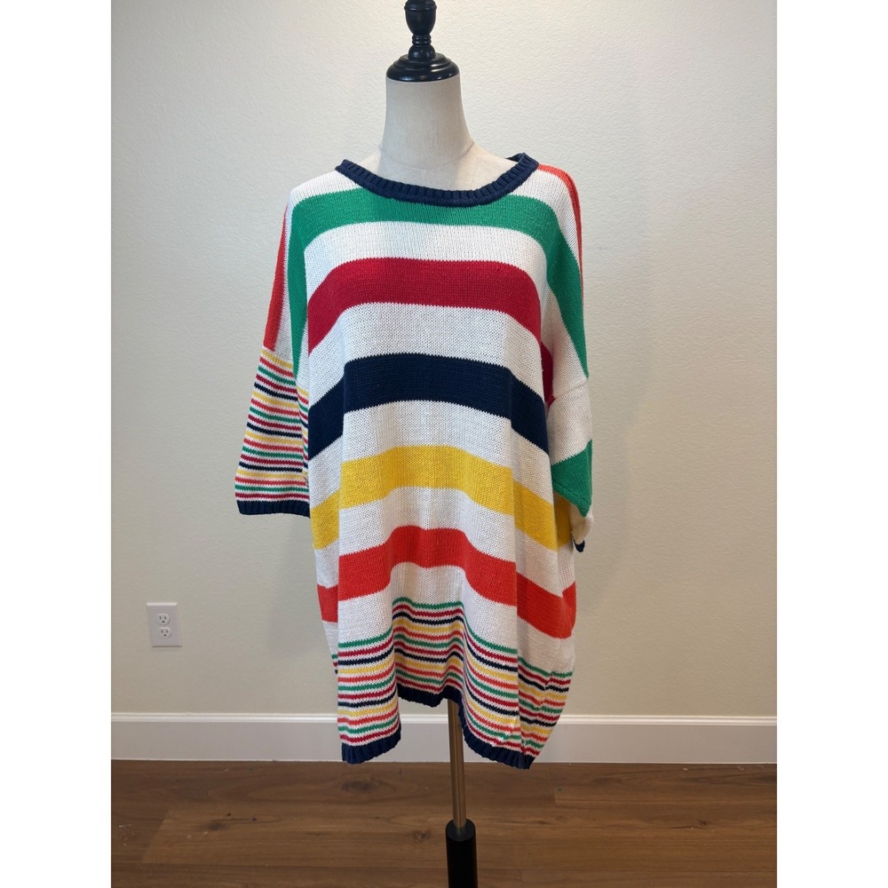 Vintage 90 Venezia Knit Top OS Rainbow Oversized Striped Ramie nautical‎ Preppy